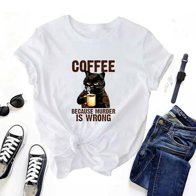 Coffee Because Murder Is Wrong Black Cat Graphic T Shirt Round Neck Summer Short Sleeve T Shirts Women Men 90s Vintage Tees