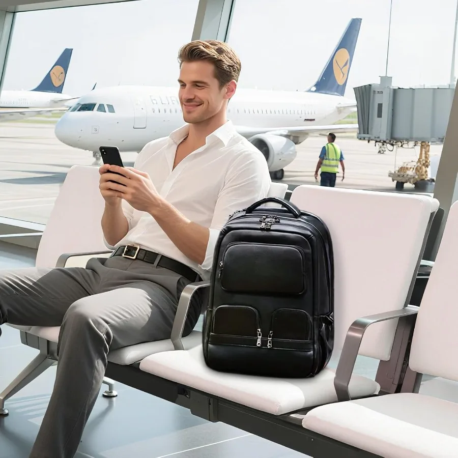 Masa Kawa حقيبة ظهر للكمبيوتر المحمول مقاس 17 بوصة من الجلد الطبيعي باللون الأسود للرجال حقيبة ظهر كبيرة للصيف والسفر حقيبة ظهر طوال الليل #2