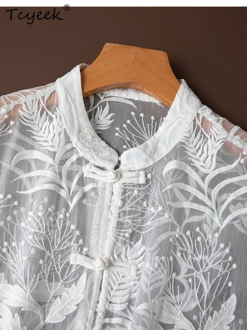 Tcyeek 100% Real Mulberry Silk Women's Tops 2026 Spring Artistic Embroidered Sun Protection White Shirt Woman Clothes Ropa Mujer