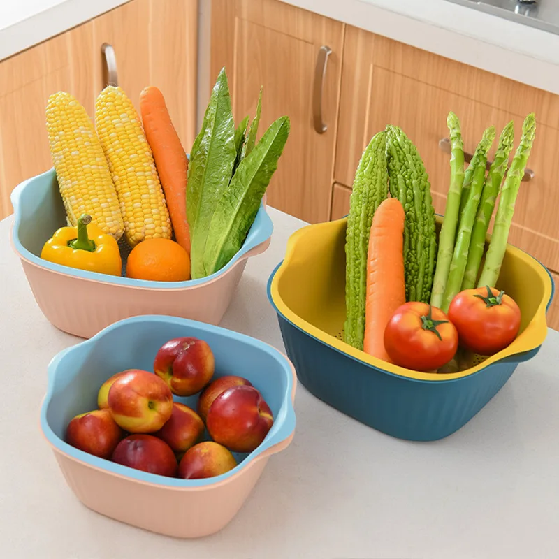 Household Double-Layer Storage Basket, Fruit Basin, Vegetable Washing And Drainage Basket, Kitchen Vegetable Washing Basin