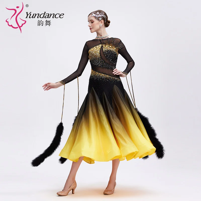 

B-24223 Custom High Quality Ombre Satin Chiffon Ballroom Dance Dress Yellow Black Color New International Performance Wear