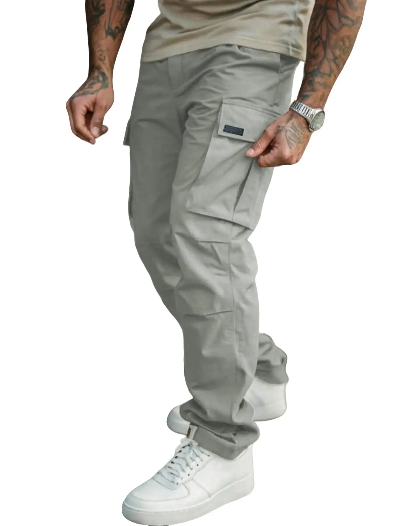 Herren Einfarbige Cargohose Regular Fit Lässige Gerade Hose mit Pattentaschen und Kordelzug für den Alltag – Detail 21