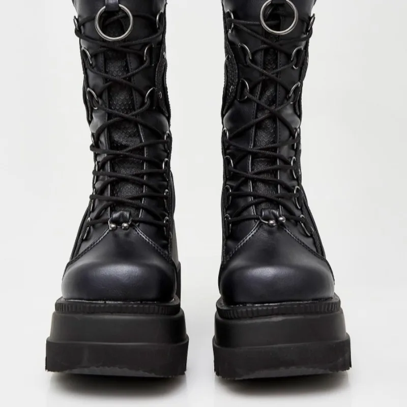 여성의 잘 생긴 두꺼운 밑창 높은 부츠 리벳 고딕 하이힐 부츠 여성 롤 플레잉 웨지 힐 펑크 신발 코스프레 신발
