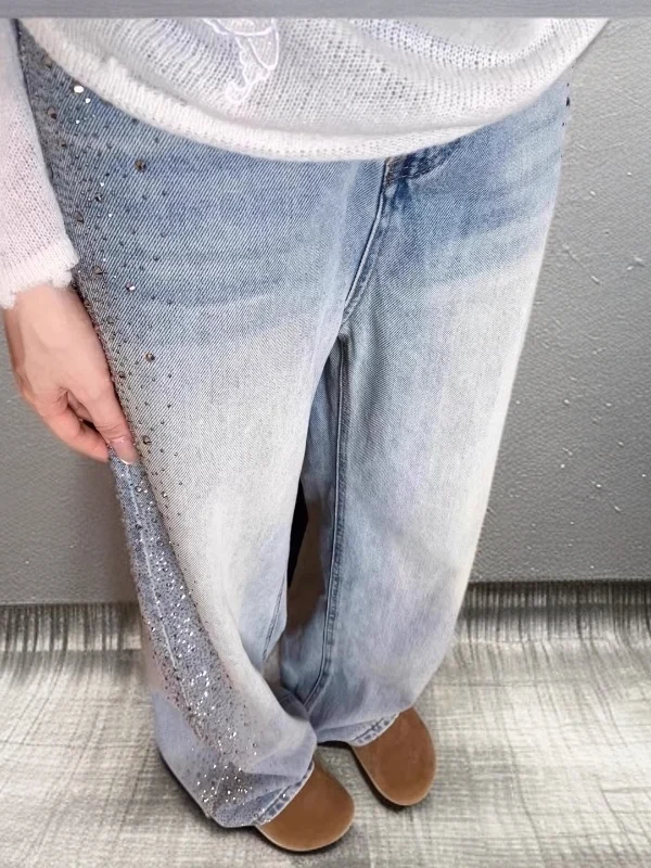 

Spring Blue Denim Wide Leg Pants High Waist Straight Cut Heavy Rhinestone Women's Casual Faion High-End Feeling Jeans