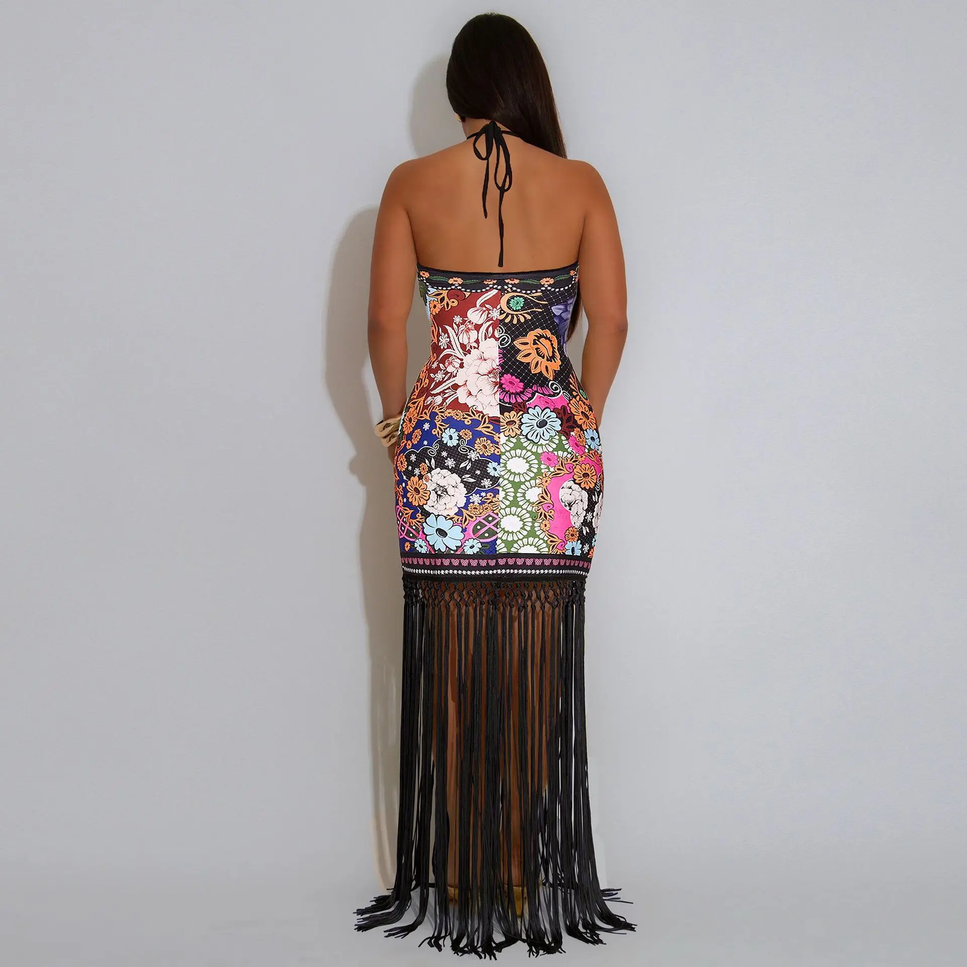 HLJ Elegant Flower Print Tassels Patchwork Long Dress Women Halter Sleeveless Backless Maxi Dresss Female Streetwear Vestidos