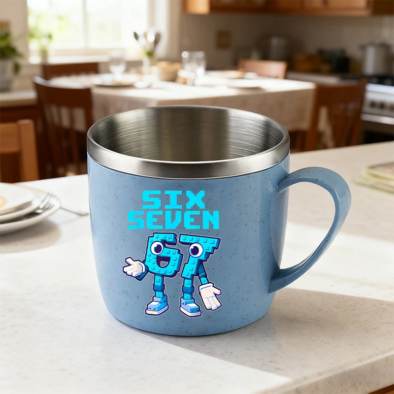 Funny Six Seven 67 Number Double Layer Anti-scalding Stainless Steel Cup Plastic Handle Coffee Milk Mug Water Cup Office Tumbler