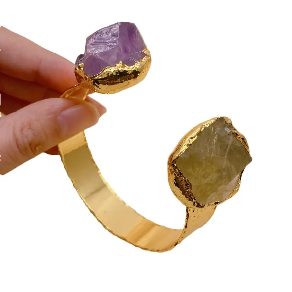 yygem   natural amethyst and lemon quartz rough raw nugget gold plated bangle bracelet