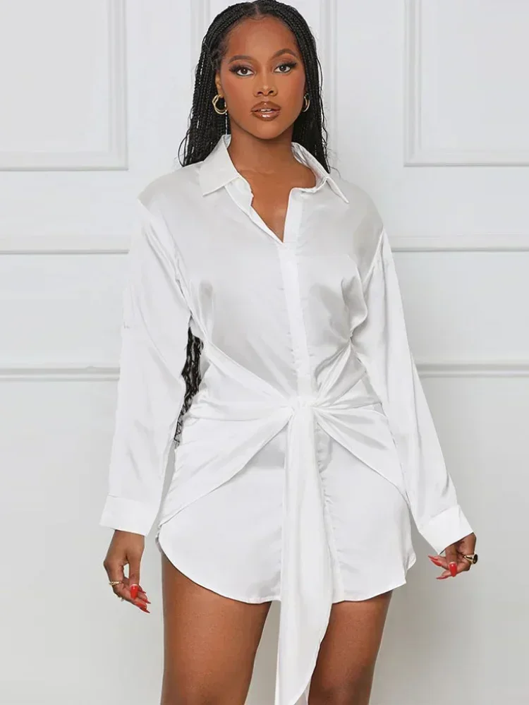 GUWU Fashion Long Sleeve Knot Tie Waist Single Breasted Turn-down Neck Shirt Smock Dress  Autumn Winter Women Dresses