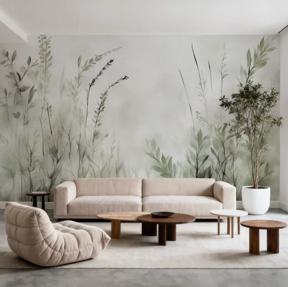 Custom Sized Mural with Sage Green Leaf Watercolor Texture Wallpaper for Bedrooms, Living Rooms, and Natural Inspiration Murals