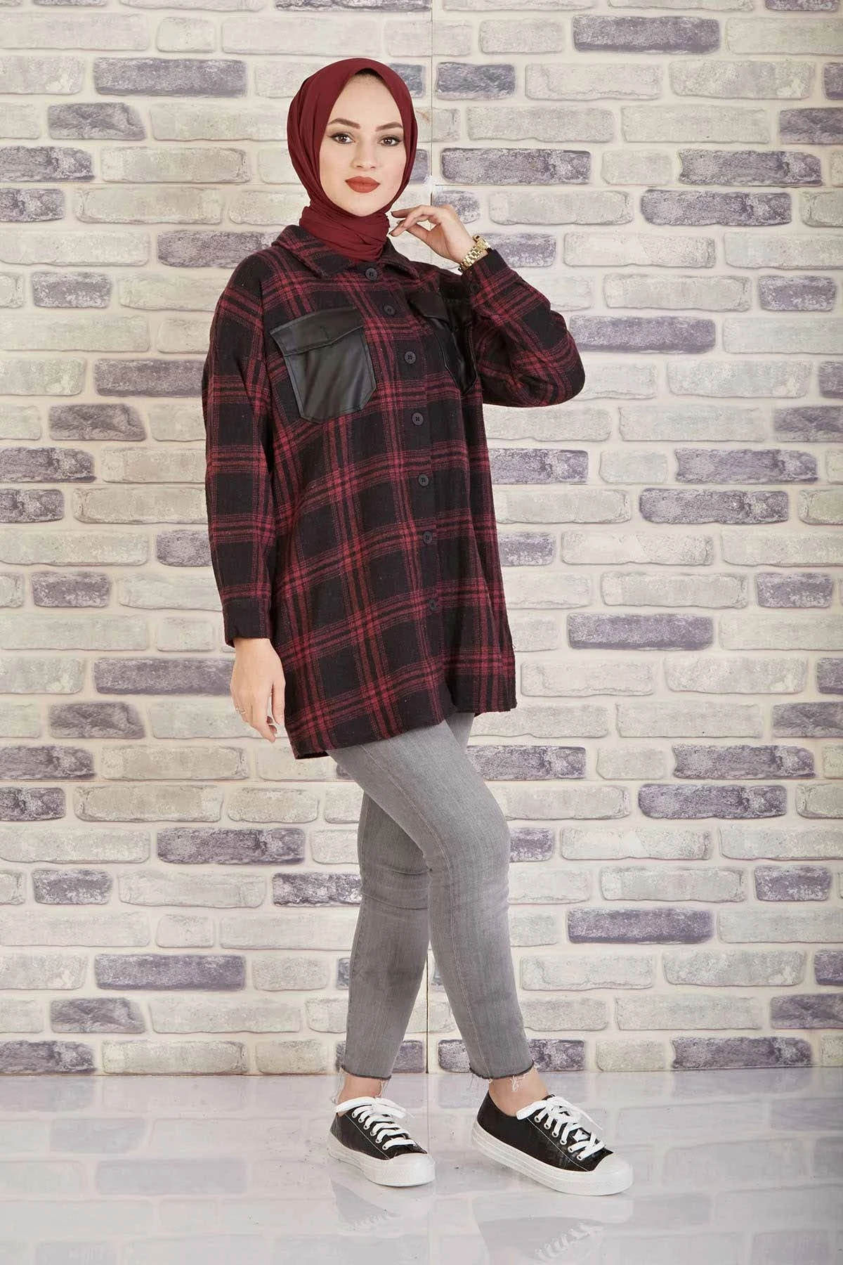 Leather Pocket Detail Lumberjack Shirt MD Burgundy-Black