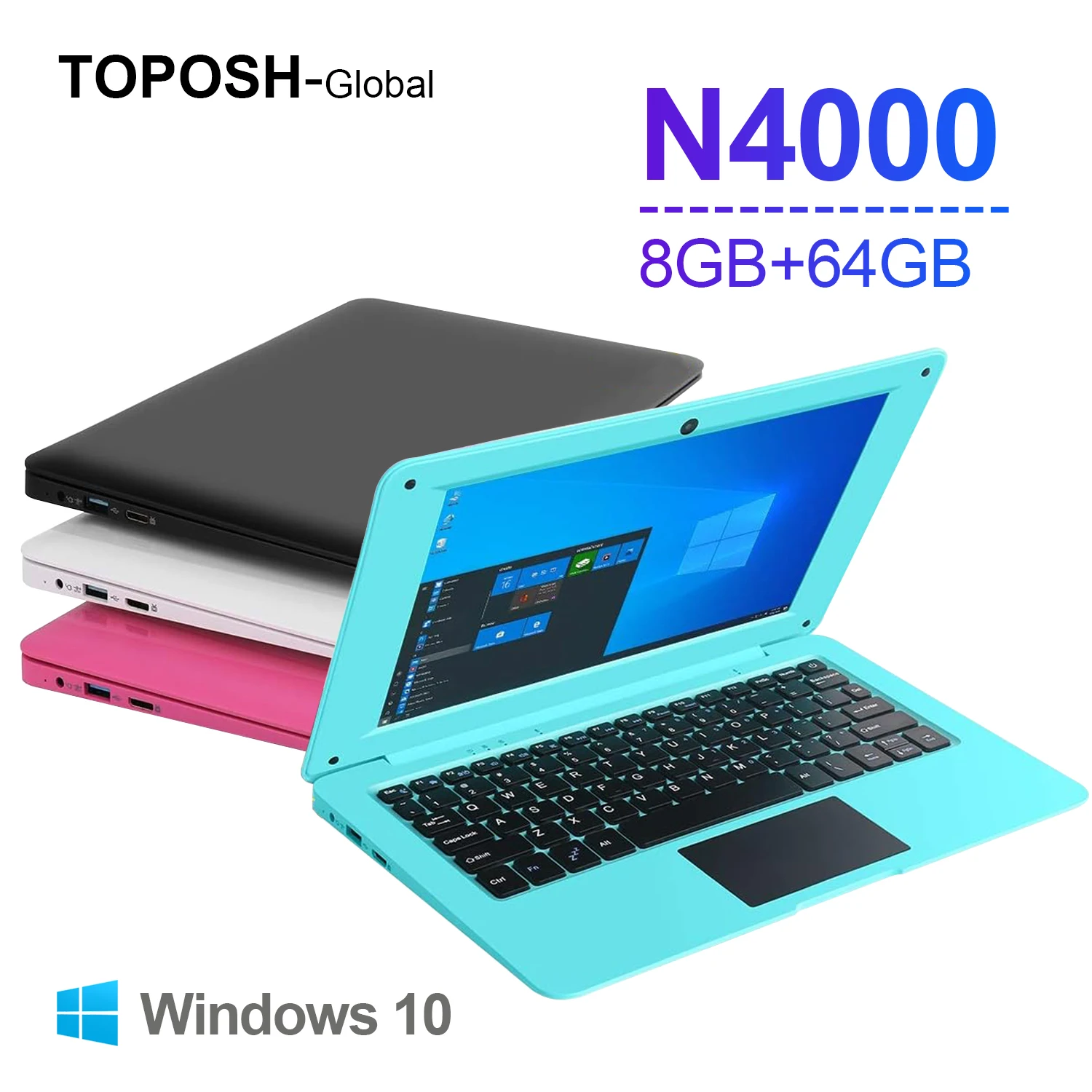 TOPOSH-Mini Netbook portátil, Windows 10 Pro Notebook Computer, Dual-Band, Wi-Fi, Bluetooth, Intel N4000, 8GB de RAM, 64GB ROM, 10,1"