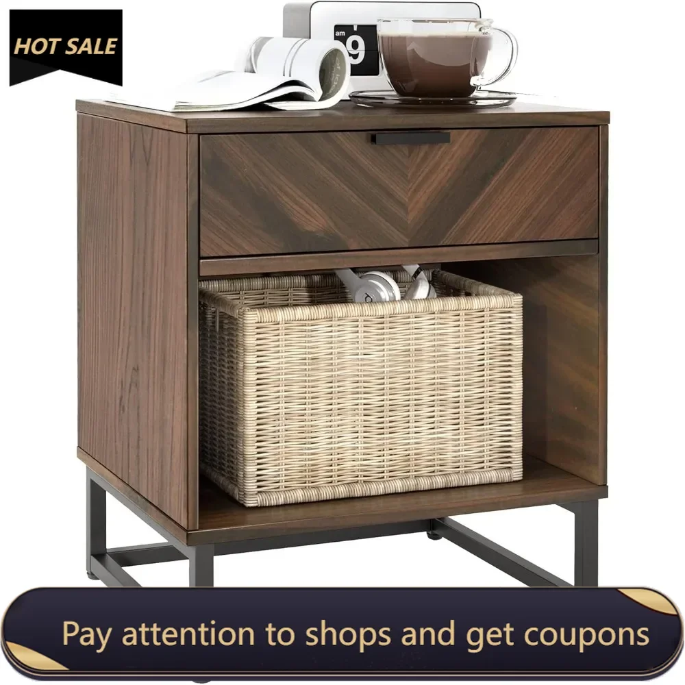 

Modern Wood Side Table with Shelf - Walnut with 1 Upper Drawer, Enclosed Bottom, Bedside Table, End Table Set of 1 Freight free