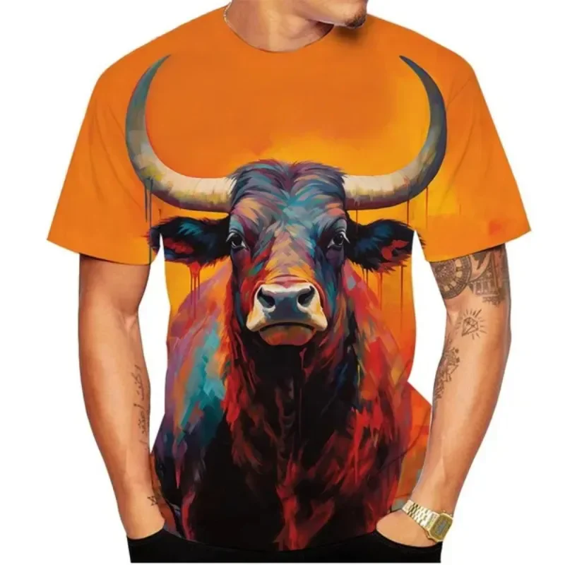Summer Bull 3D Print T-Shirts Streetwear Men Fashion Casual Oversized O-Neck Short Sleeved T Shirt Tees Tops Clothing
