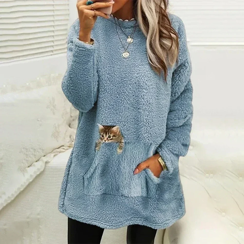 Ladies Autumn Pullover Pocket Cat Printed Sweatshirt Fleece Lined Women Solid Casual Holiday Fashion Home Loose Tops Hoodies