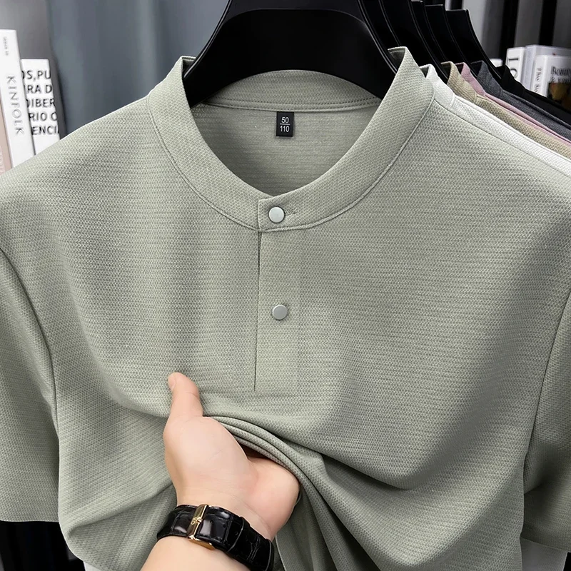 Men's Stand Collar Henley T Shirt With Single Button Placket Textured Fabric Short Sleeve For Daily Wear