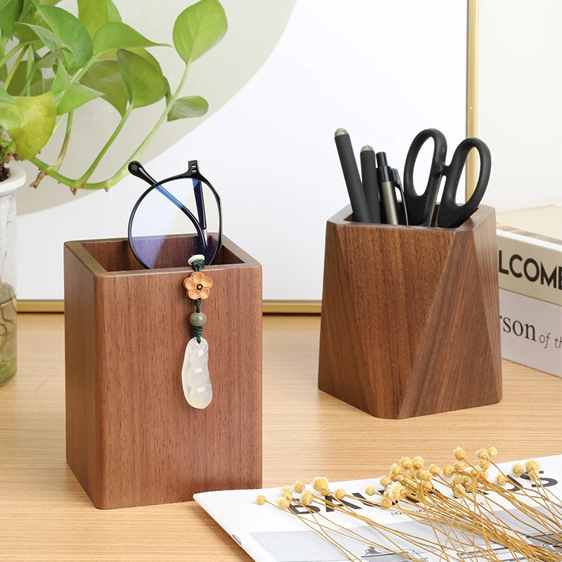 Solid Wood Custom Penholder Creative Multifunctional Office Student Desktop Office Fashion Retro Simple Penholder Carving