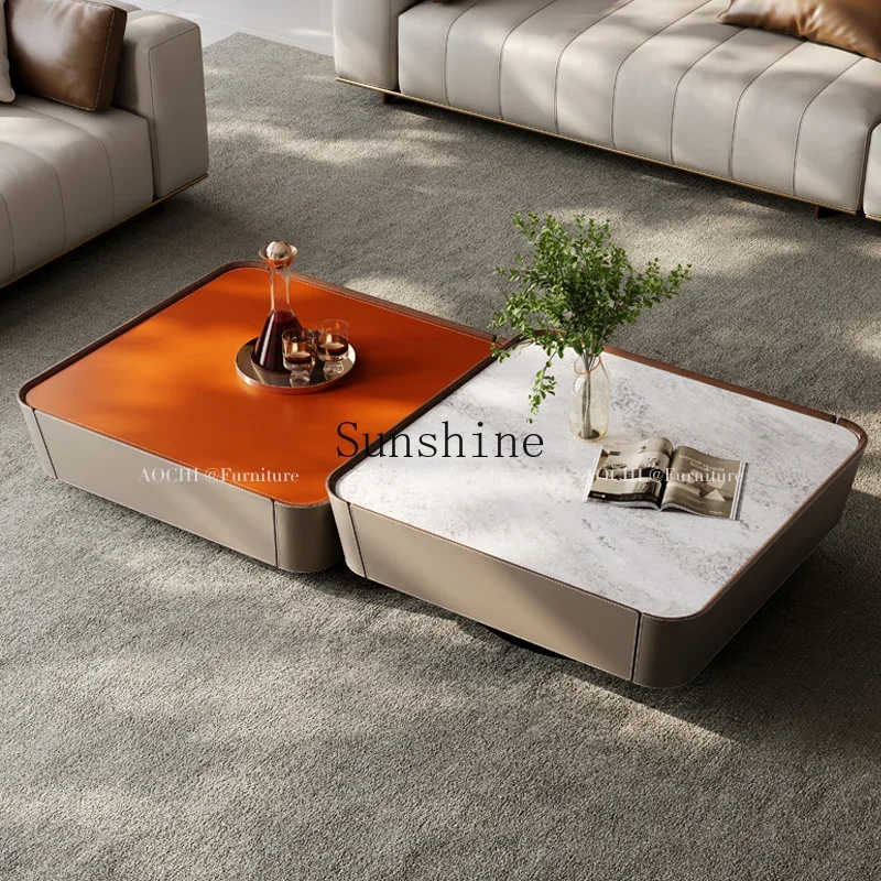 

Premium Italian living room simple light luxury saddle leather marble high and low coffee table combination