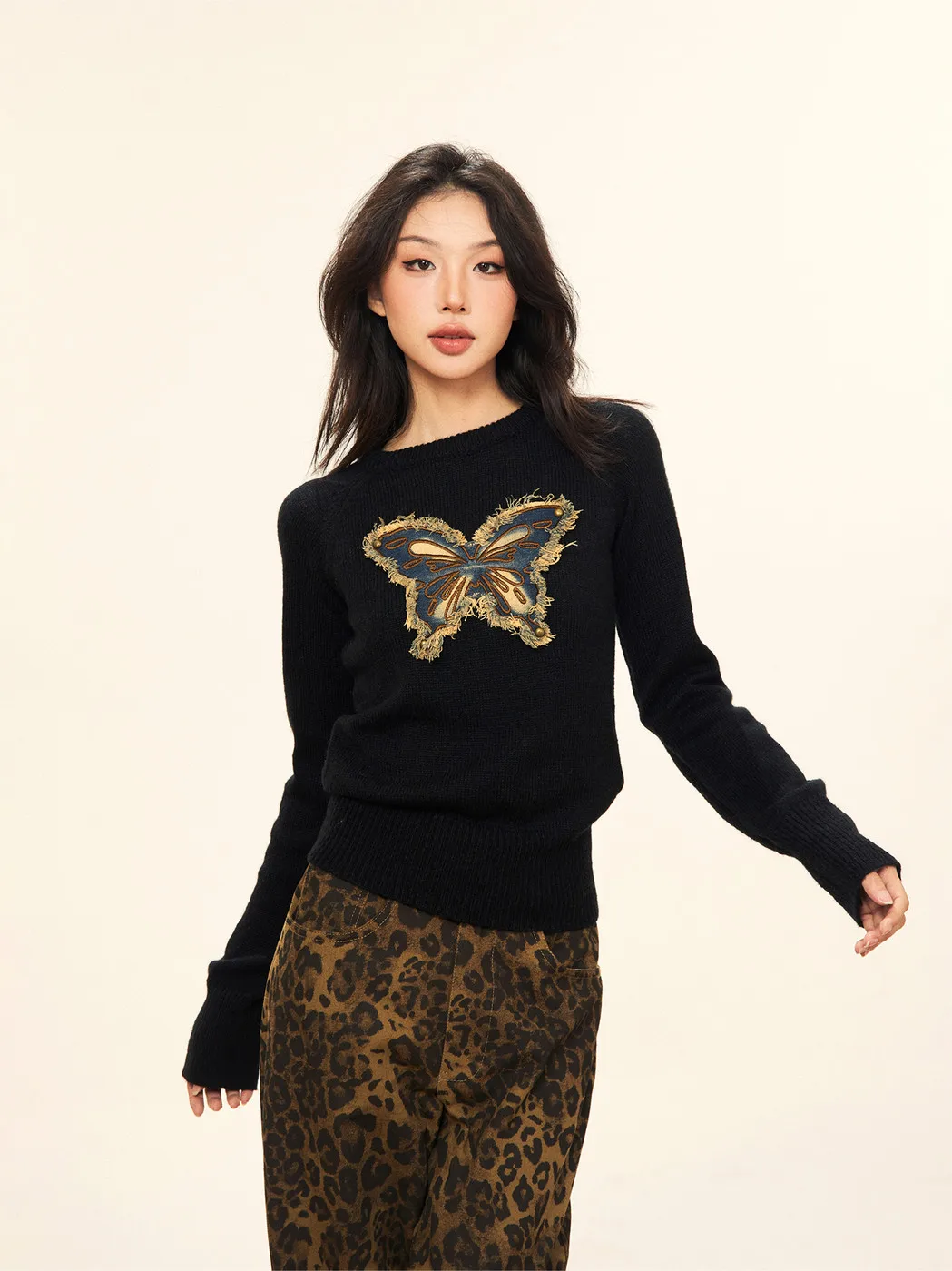 

Long Sleeve Knitwear Top Women's Cotton American Retro Butterfly Cartoon Embroidery Fashion Casual Pullover Sweater AutumnWinter