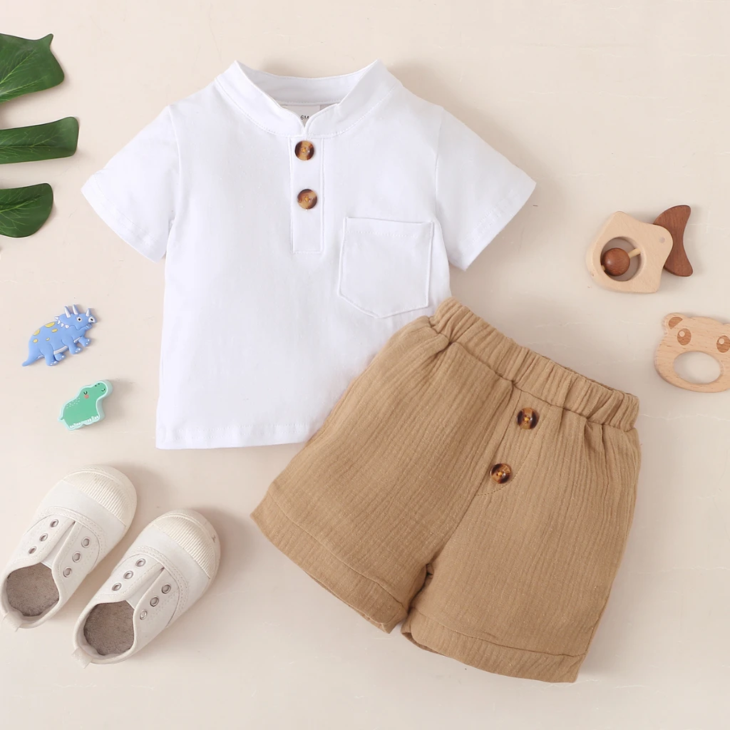 

3-24 Months Infant Baby Boy Clothes Set White Short Sleeves T-shirt Shorts 2PCS, Summer New Daily Casual Outfit for Toddler Boy