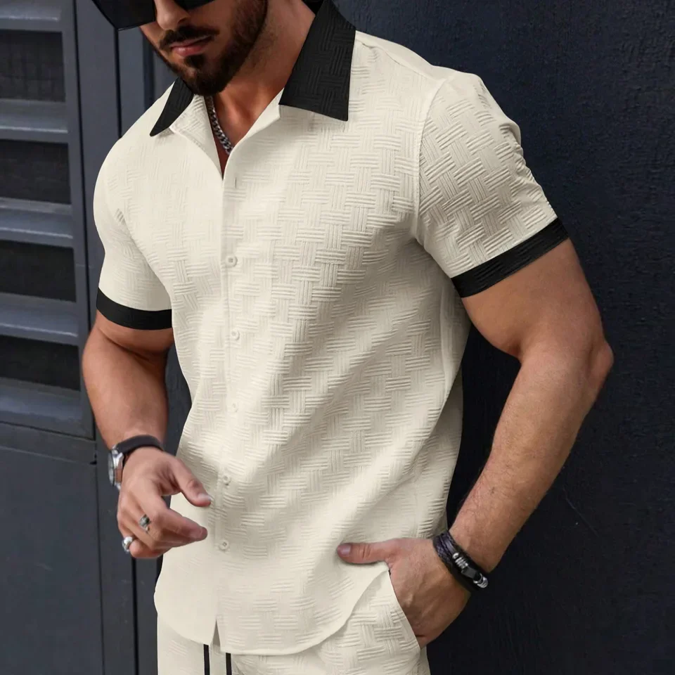 Fashion Men's Jacquard Color Matching Casual Short Sleeve Shirt