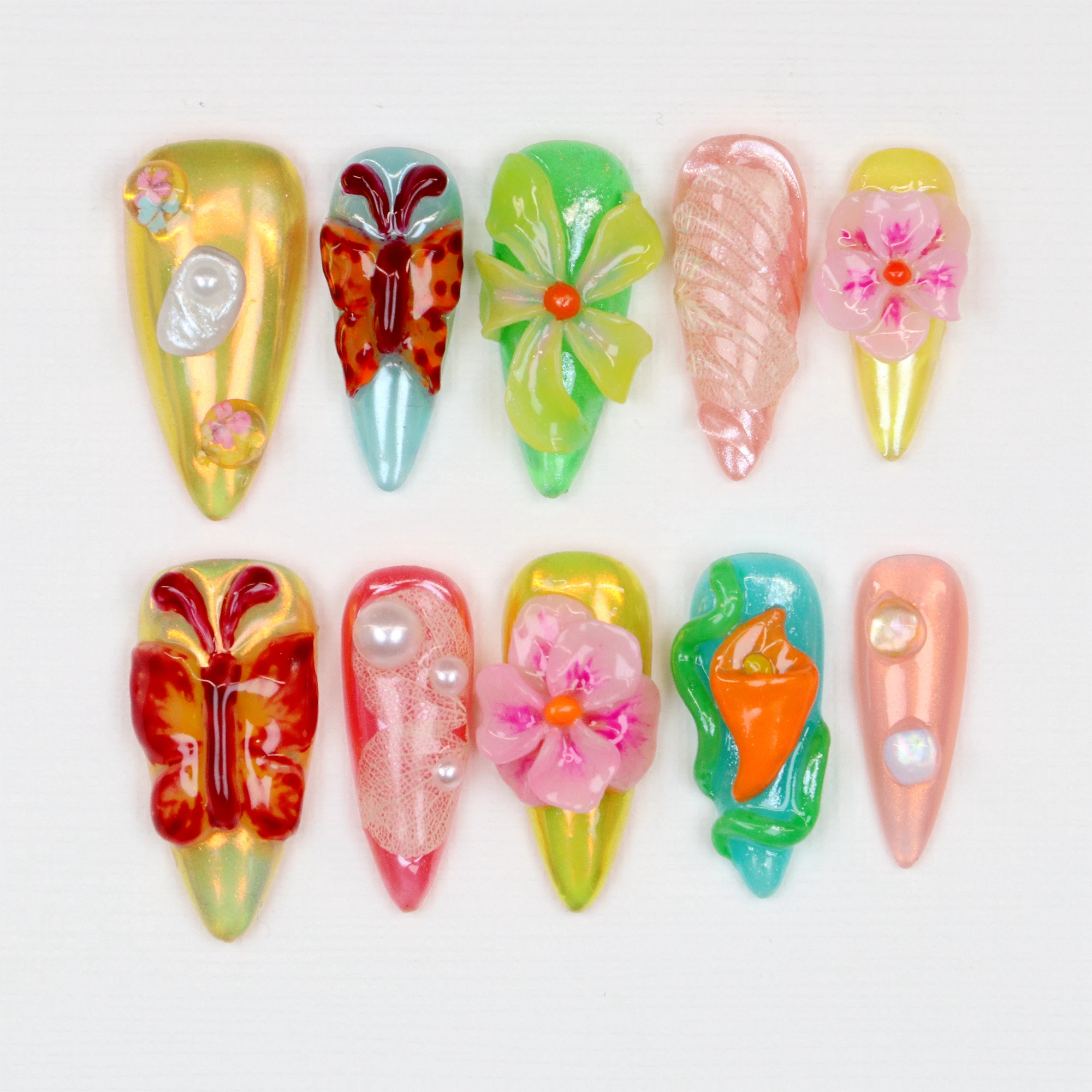 10Pcs 3D beautiful handmade Manicure Press On Nails, Acrylic Fake Handpainted Flowers Custom Design Adhesive Nail File Set