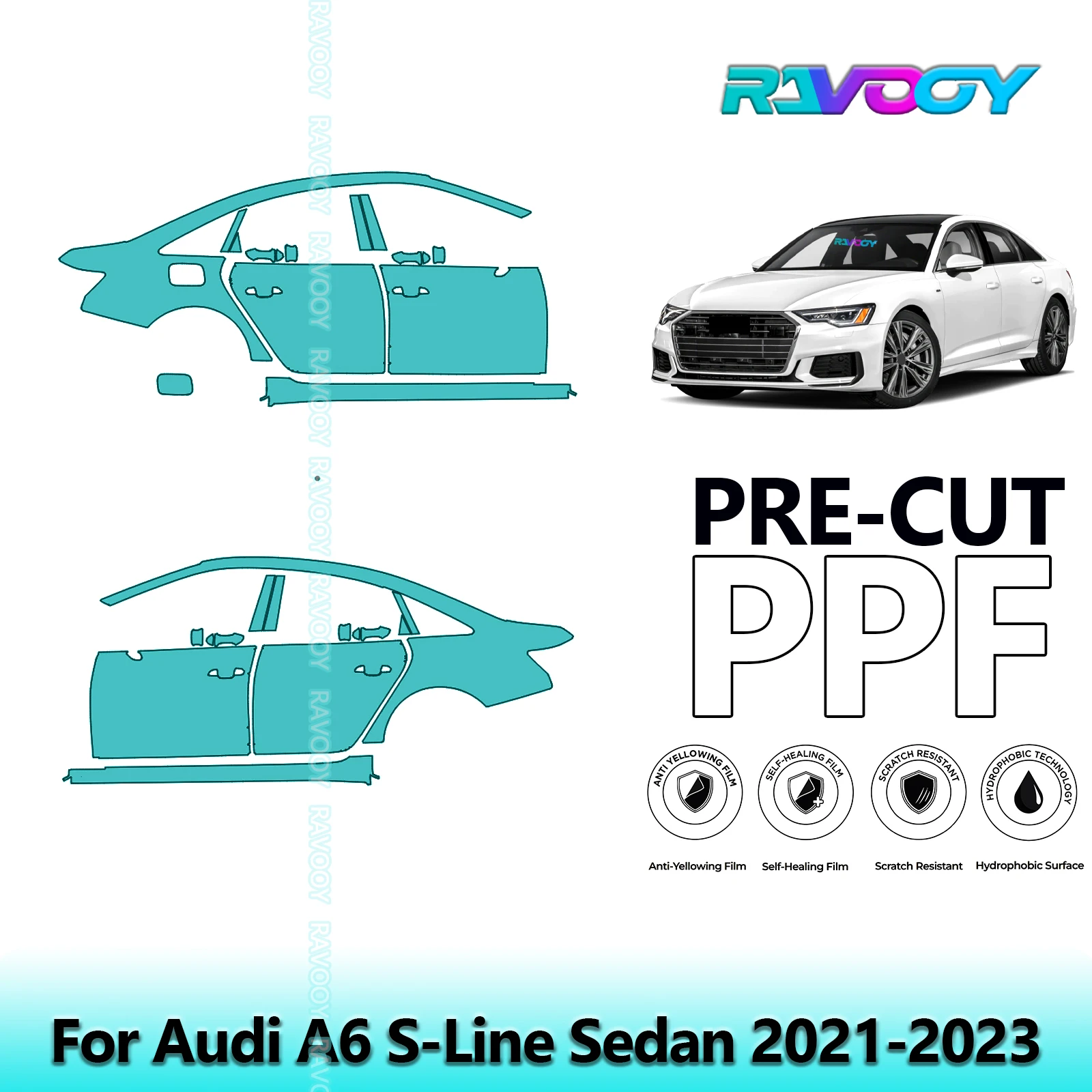 

For Audi A6 S-Line Sedan 2021-2023 8.5mil Clear Matte Pre-Cut PPF Door & A/B Pillar Kit TPU Paint Protection Film Set