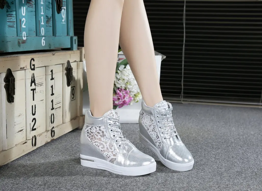 New Women Wedge Platform Sneakers Rubber White Leather High heels Lace Up Shoes Mesh Hollow Lace Up Mesh Shoes for Large size