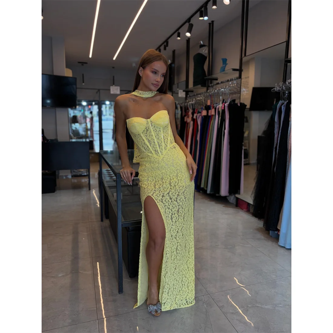 

Lucy Lace Strapless Yellow Straight Evening Dress 2026 Prom Dress Formal Ladies Premium Beautiful Formal Evening Customized