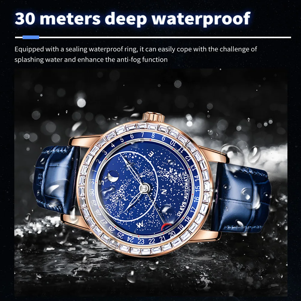 

OLEVS 9923 Mens Watch Automatic Luxury Mechanical Watch Multifunctional Week Date Moon Watch For Men 30m Waterproof Luminous Box