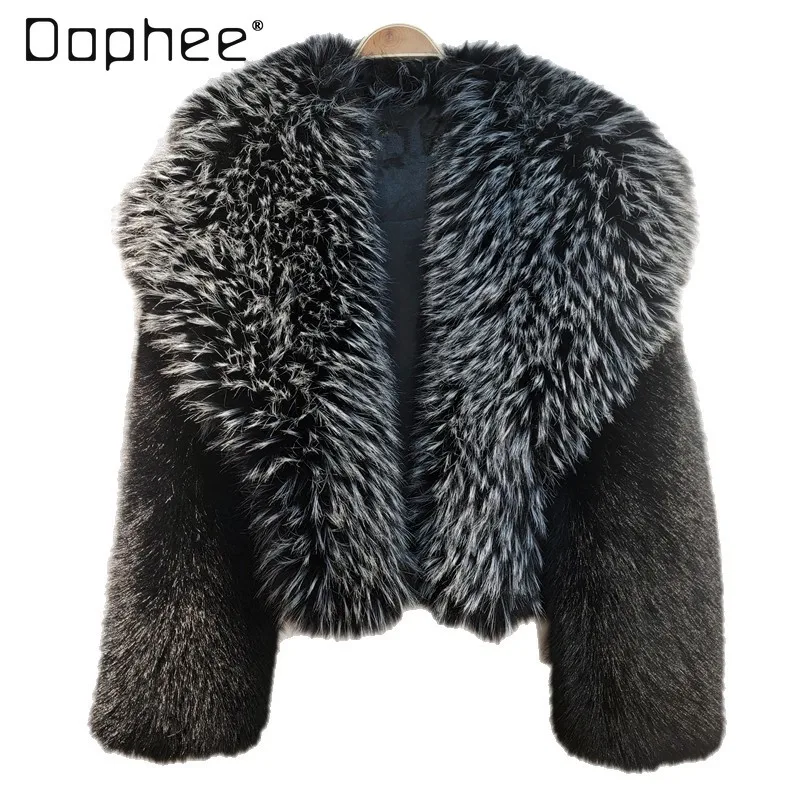 

Модное женское пальто из искусственного меха с большим меховым воротником, короткое стильное корейское издание, экологически чистая шуба для женщин, осень-зима