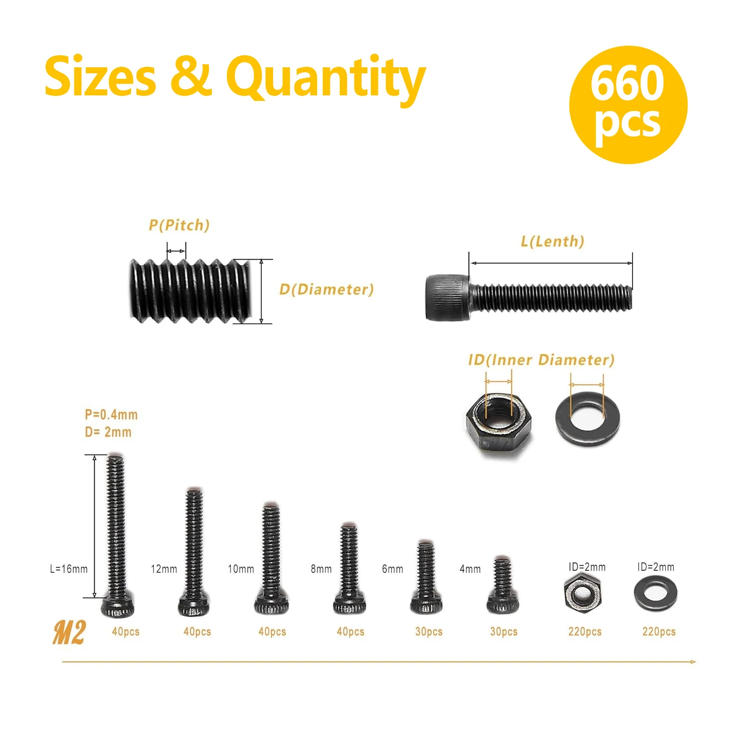 VKKM #M2 660Pcs Black Carbon Steel Cylindrical Head Bolt Assembly, Suitable for Electronic Product Repair, Toys, Etc.