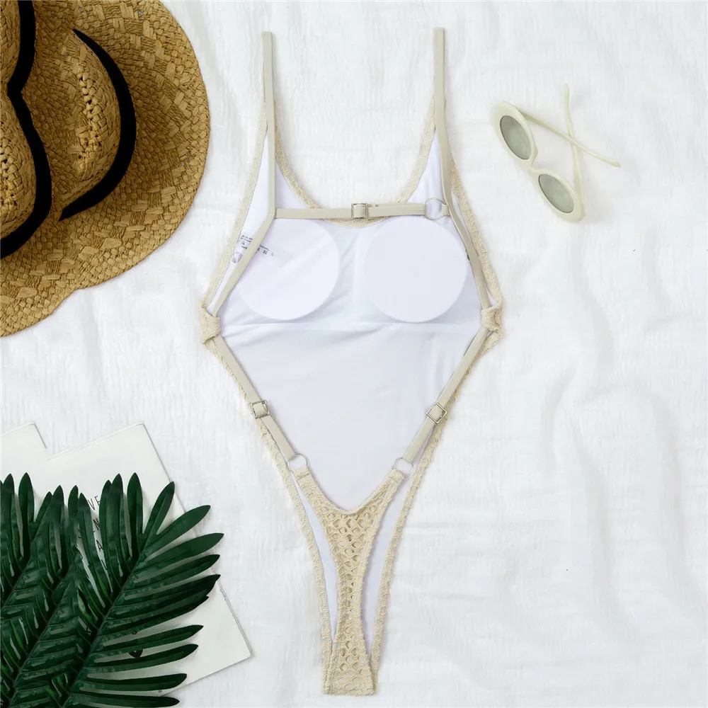 Shell Ornament Beige Mesh Swimwears Women One Piece Backless Sexy Swimsuit High Leg Cut Bathing Suit 2026 Swimming Wear Monokini