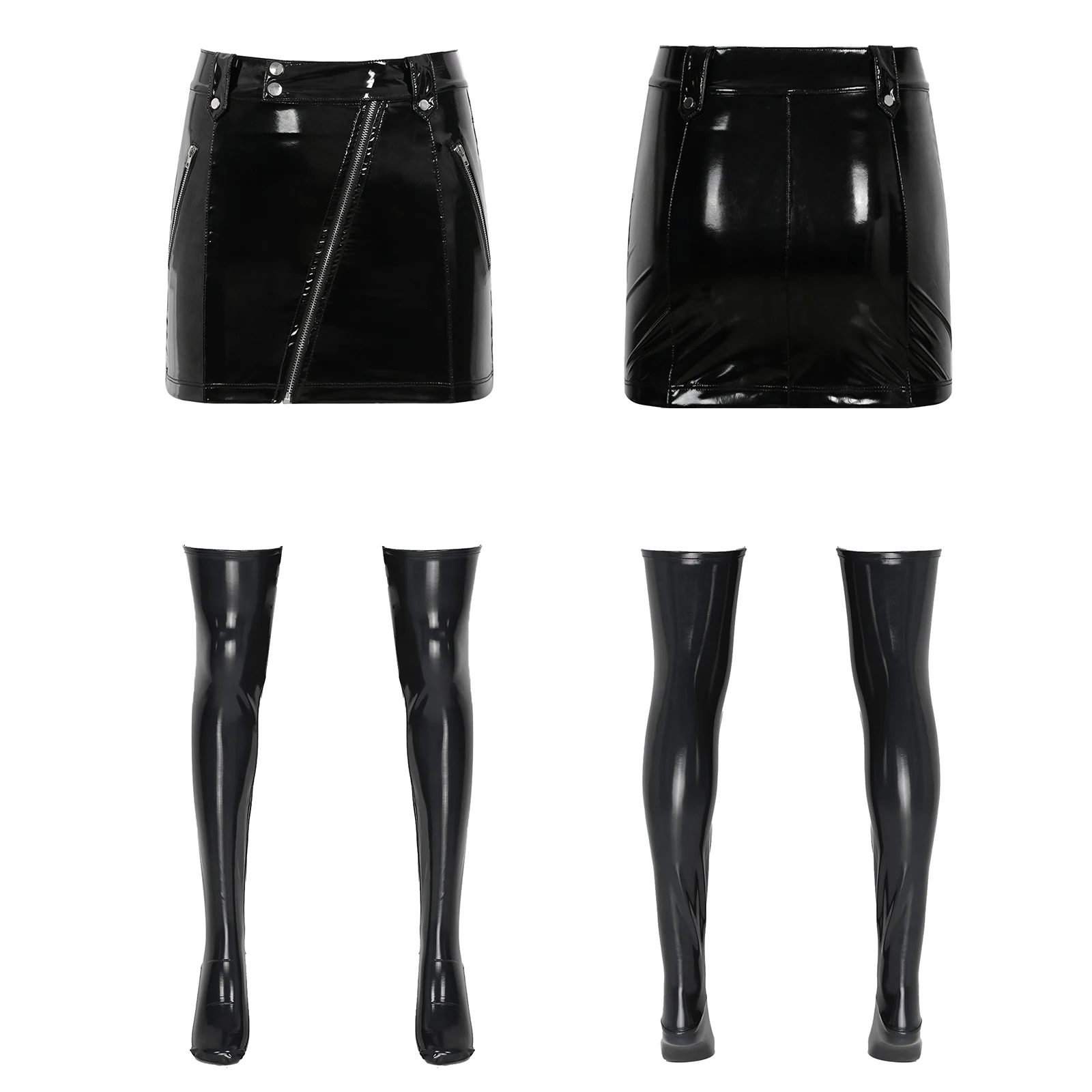 

Womens Sexy Clubwear Wet Look Patent Leather Pencil Skirt with Stockings Set Black Latex Miniskirt for Club Dance Performance