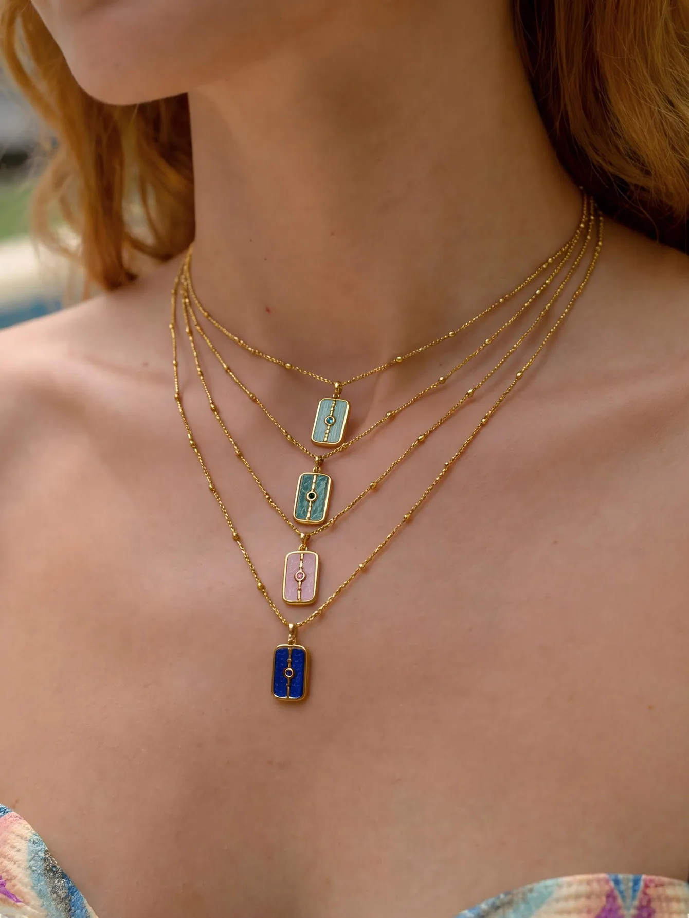 Peri'sbox Stainless Steel Dopamine Natural Stone Women Geometric Pendant Necklace Stainless Steel Collarbone Chain Daily Jewelry