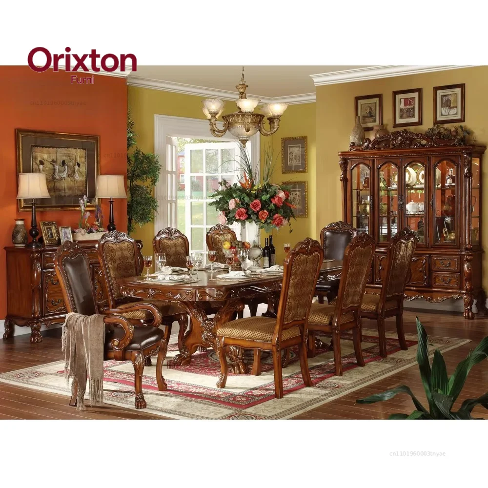 Luxury European Dining Room Furniture 4/6/8 Chairs Dinning Table Set in Dark Brown