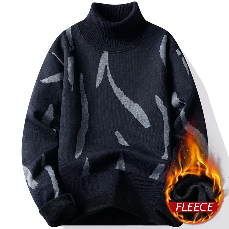 LIBIELIY ผู้ชายคอสูงเสื้อกันหนาวแฟชั่น SLIM FIT Men's Elastic Pullovers ด้านล่างเสื้อสีเทาขนแกะสีดําถักดึง