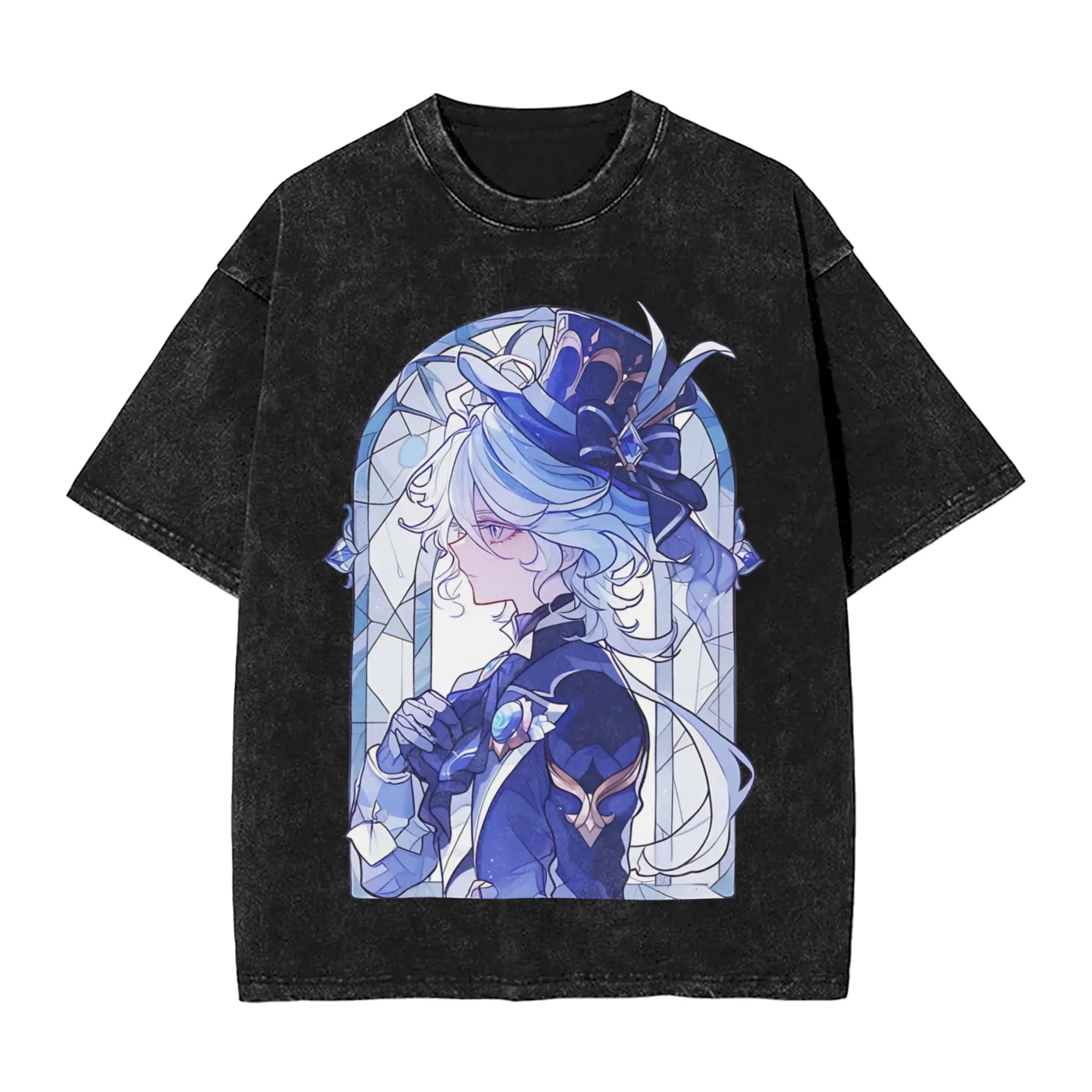 Washed T Shirts Stained Glass Furina Hip Hop Vintage T-Shirts Oversize Genshin Impact Game Cotton Printed Tees for Men Women