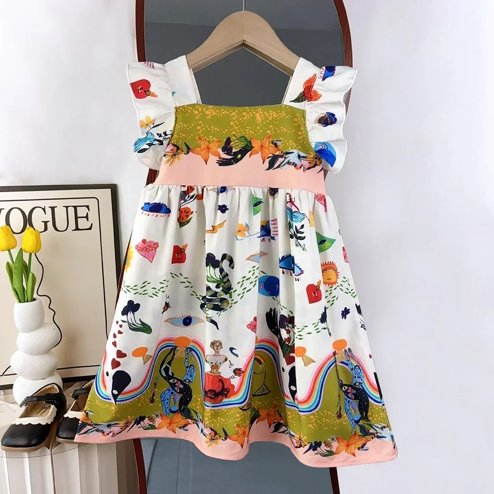 Youth Girls' Clothes Summer Pattern Printed Square Neck Princess Dresses Korean Version Children's Clothing 3-11 Years Old