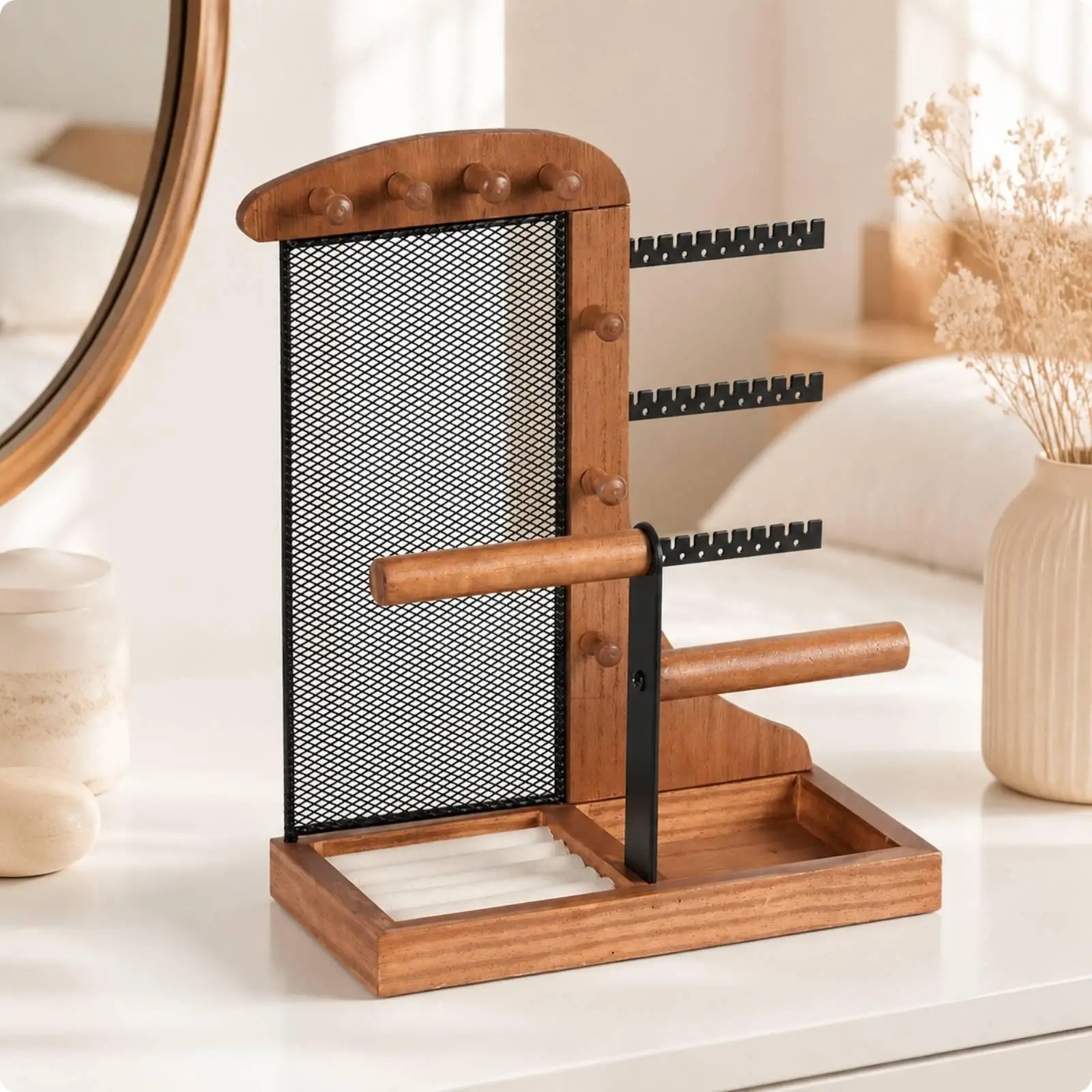 Wooden Jewelry Display Rack Wood-Grain Finish Jewelry Organizer with Mesh Earring Panel Bangle Storage Rack Multifunctional