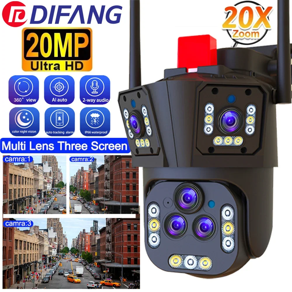 10K Wifi Camera UHD-20X Optical Zoom Waterproof AI Automatic Tracking PTZ Five-lens Three-screen Surveillance Monitoring IP CCTV