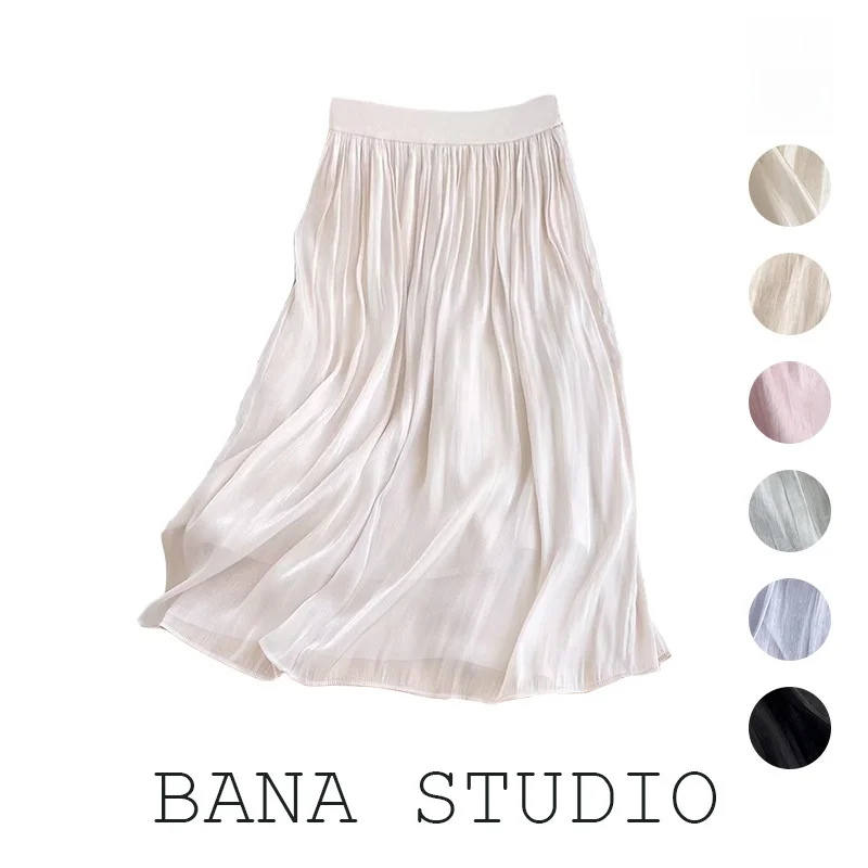 BANA taille haute plissée inje Georgette jupe femmes été Midi a-ligne jupe taille élastique Simple Sle trajet OL Sle