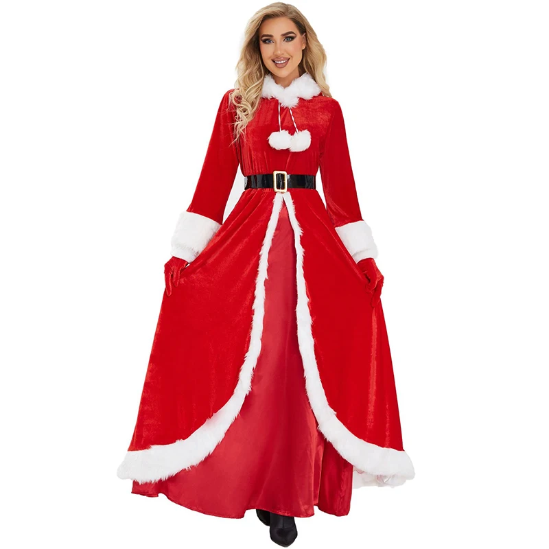 

Women Christmas New Year Party Velvet Christmas Dress Costumes Santa Claus Cosplay Christmas Red Long Dress + Hat Fancy Dress