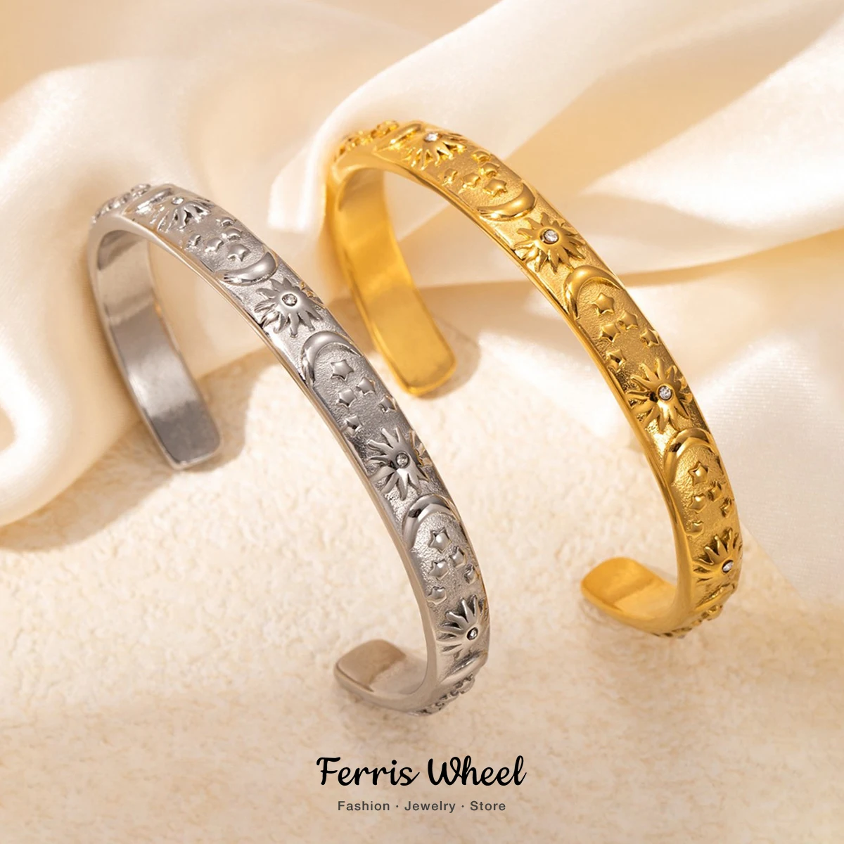 Elegant Stainless Steel Bracelet Earrings for Women Luxury Zirconia Gold Plated Cuff Sun Moon Open Bangle Jewelry