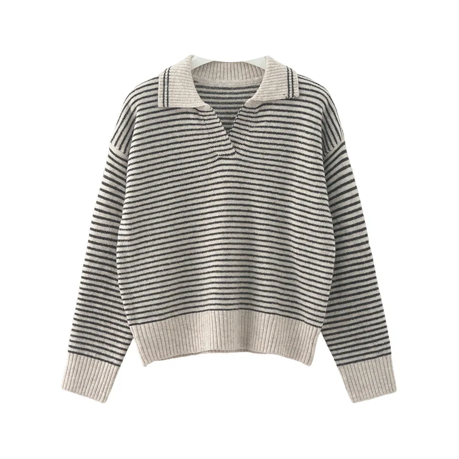 Retro Polo Collar Contrast Stripe Soft Sticky Knitted Sweater Women's Autumn/Winter Hoodie Loose Casual Sweater