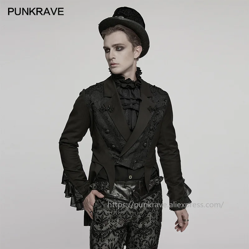 PUNK RAVE Men's Goth Gorgeous Jacquard Dress Coat Elegant Classic Lapel Collar Shoulders Chinese Buttons Party Mid-lenght Jaket