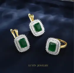 LUYIN Green main Stone Inlaid Earrings Ring Sets For Women Copper 2 Color Plated 14K Gold Fashion Jewelry Banquet Wedding Gifts