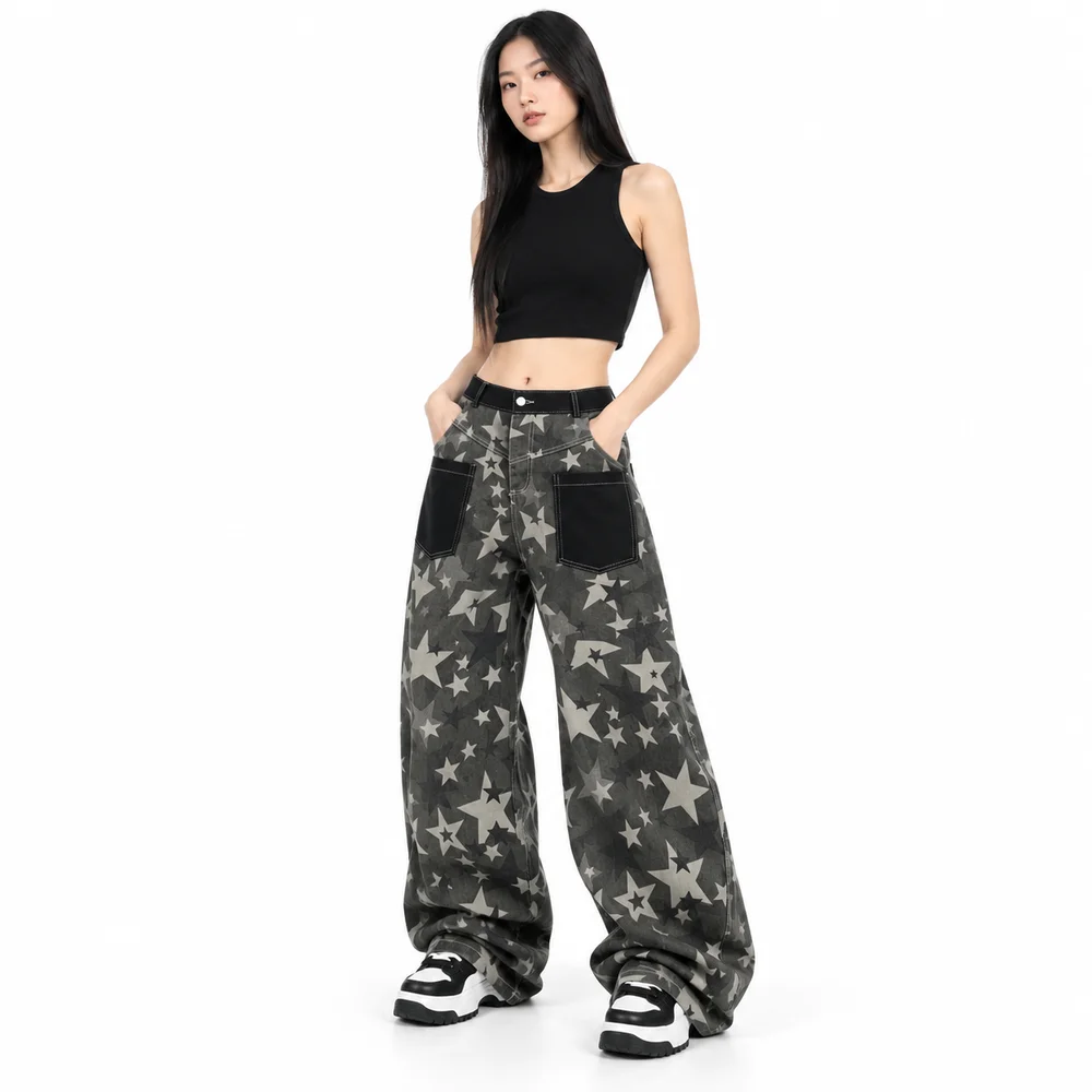 Unisex Casual Style Relaxed Fit Jeans Wide-Leg Silhouette Studded Detail Denim Fabric Everyday Outfit