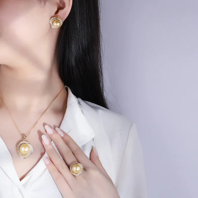 Jewelry 18k Gold Shell Beads Rose Geometric Diamond Ring Pendant Earrings Women's Fashion Set