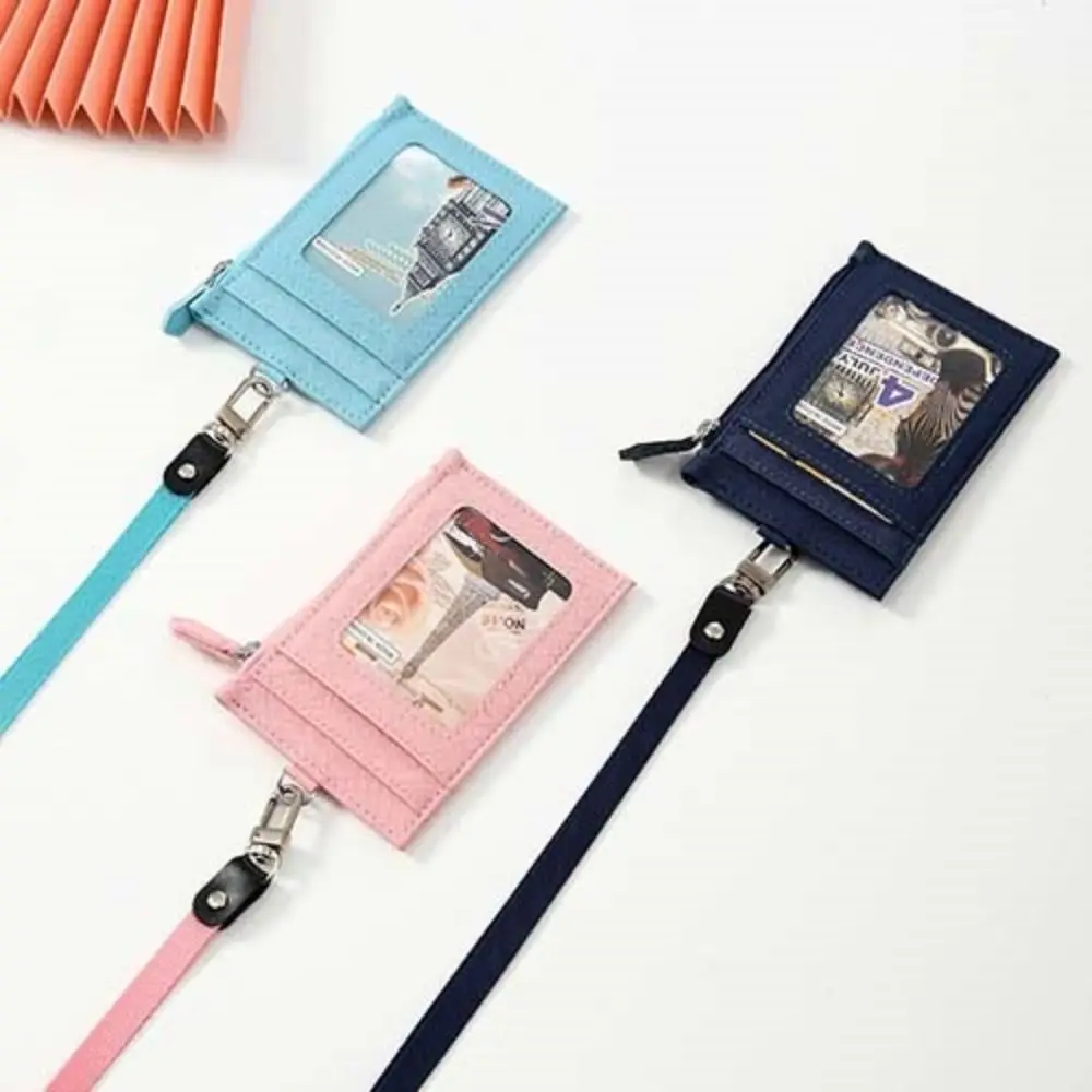 PU Leather Card Badge Holder Neck Lanyard Zipper Pocket Student Card Bag Wallet Coin Purse ID Card Holder Office Supplies