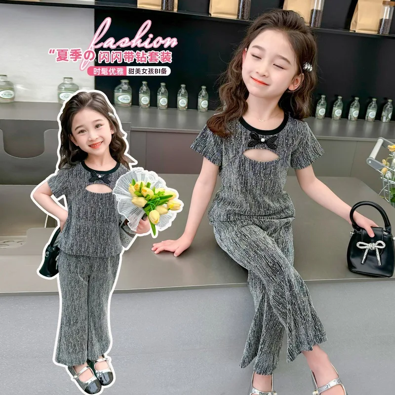 Girls' Shiny Disc Buckle Set 2025 Summer New Little Girl Two-piece Set Medium and Small Children's Casual Summer Clothes